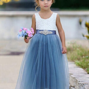 blue jewel neck sleeveless sash kids party dresses showprettydress