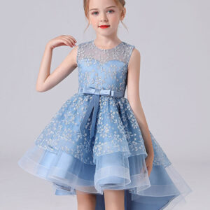 blue jewel neck sleeveless short princess dress sash lace kids party dresses showprettydress