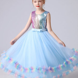 blue jewel neck tulle sleeveless ankle length bows kids social party dresses princess dress showprettydress