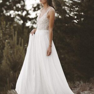 Boho Long A-line V Neck Lace Wedding Dresses