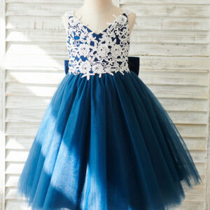 bows sleeveless v neck dark navy kids party dresses showprettydress