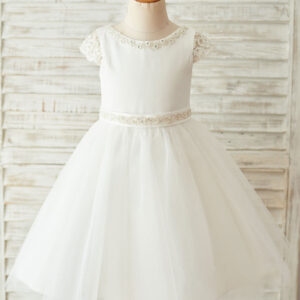 buttons short sleeves jewel neck ecru white kids party dresses showprettydress
