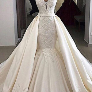 cap sleeves white mermaid 2 in 1 wedding dresses with overskirt showprettydress