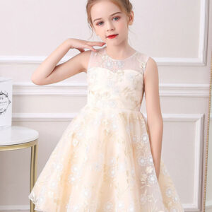 champagne color jewel neck sleeveless bows kids social party dresses showprettydress