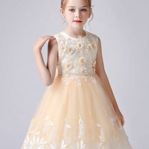 champagne color jewel neck sleeveless short princess lace flowers formal kids pageant flower girl dresses showprettydress