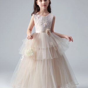 champagne color jewel neck tulle sleeveless ankle length princess dress formal kids pageant flower girl dresses showprettydress