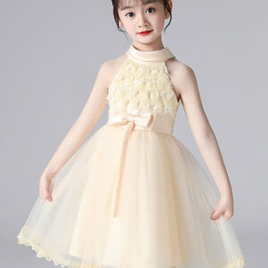 champagne designed neckline sleeveless polyester cotton tulle embroidered formal kids pageant flower girl dresses showprettydress