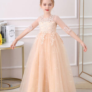 champagne jewel neck polyester half sleeves ankle length a line flowers kids party dresses showprettydress