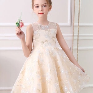 champagne jewel neck short sleeves embroidered formal kids pageant flower girl dresses showprettydress
