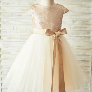 champagne jewel neck short sleeves sash kids party dresses showprettydress