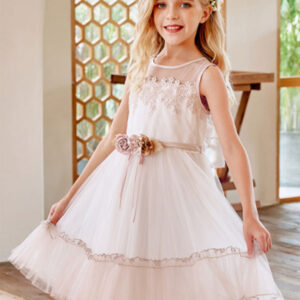 champagne jewel neck sleeveless polyester lace tulle flowers kids social party dresses showprettydress