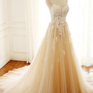 Champagne Long A-line Sweetheart Tulle Spaghetti Sweep Train Wedding Dress