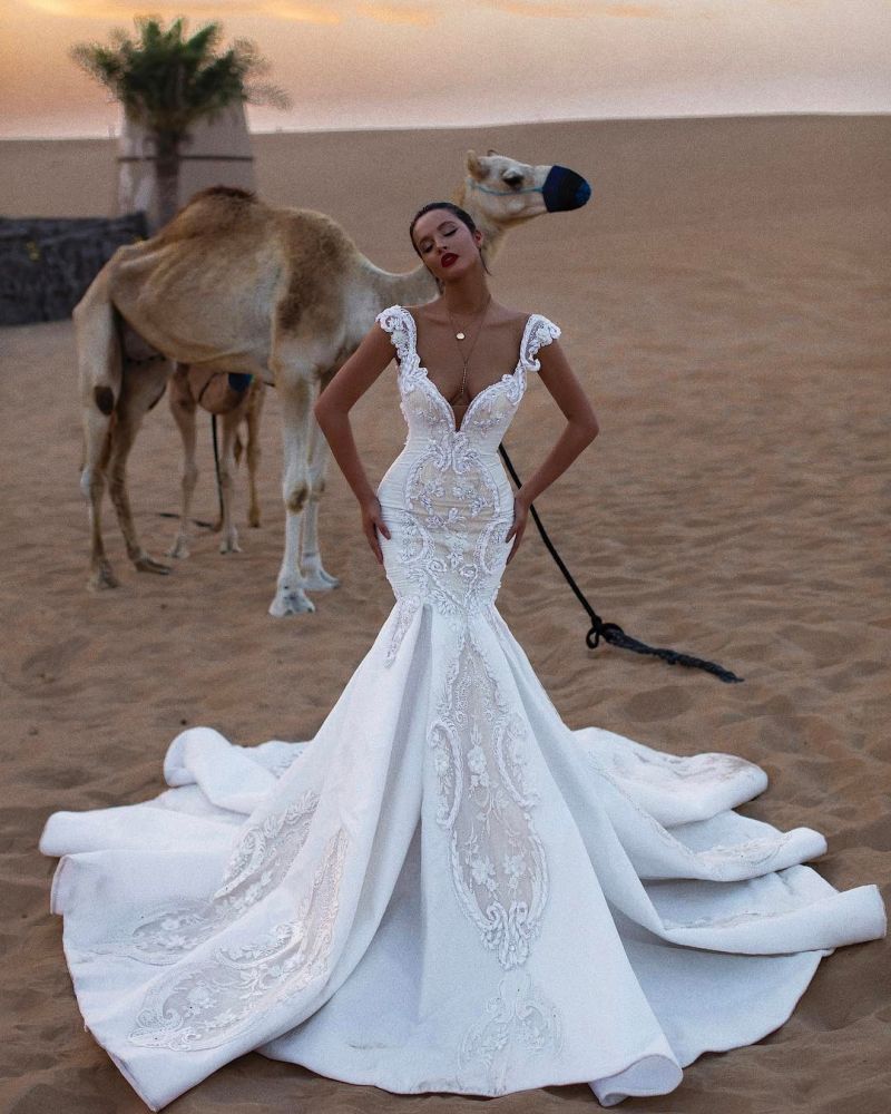 charming cap sleeves v neck appliques mermaid sweep train wedding dresses showprettydress 2 charming cap sleeves v neck appliques mermaid sweep train wedding dresses showprettydress 2