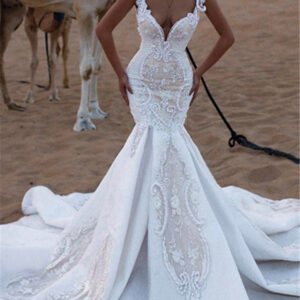charming cap sleeves v neck appliques mermaid sweep train wedding dresses showprettydress