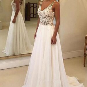 Charming Long A-Line V-Neck Appliques Lace Backless Wedding Dresses