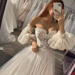 charming off the shoulder puffy sleeves aline tulle wedding dress showprettydress