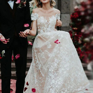 charming off the shoulderfloral lace bridal gown princess white aline wedding dress showprettydress