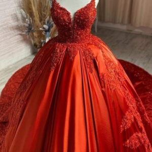 charming spaghetti straps v neck aline wedding dress orange floral appliques showprettydress