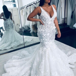 charming v neck sleeveless mermaid wedding gown floral lace bridal gown showprettydress