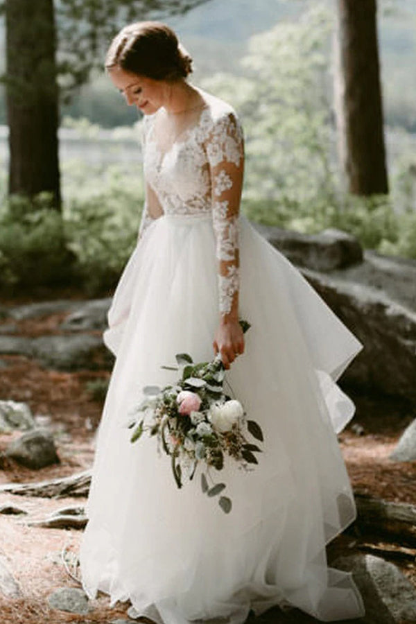 charming white floral lace wedding dress tulle long sleeves garden bridal dress showprettydress charming white floral lace wedding dress tulle long sleeves garden bridal dress showprettydress