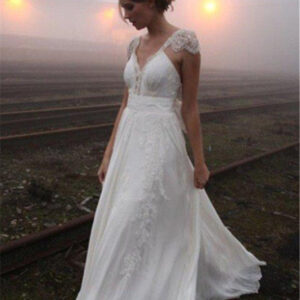 chiffon a line sleeveless v neck floor length lace wedding dresses showprettydress