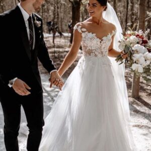 classic cap sleeve tulle lace simple wedding dress white floor length garden bridal gown showprettydress