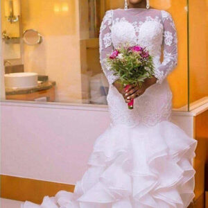 classic jewel long sleeves tulle lace long wedding dress with court train showprettydress