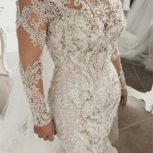 classic mermaid long sleevess lace high neck crystal wedding dresses modern beading bridal gowns with buttons showprettydress