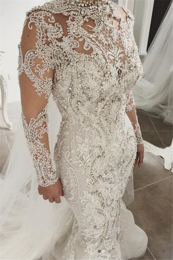 classic mermaid long sleevess lace high neck crystal wedding dresses modern beading bridal gowns with buttons showprettydress classic mermaid long sleevess lace high neck crystal wedding dresses modern beading bridal gowns with buttons showprettydress