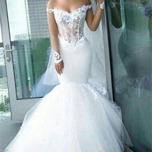 classic off the shoulder tulle mermaid appliques long sleeves wedding dress showprettydress