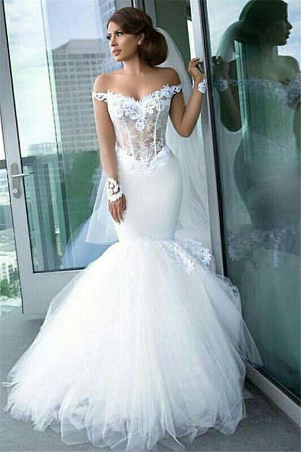 classic off the shoulder tulle mermaid appliques long sleeves wedding dress showprettydress classic off the shoulder tulle mermaid appliques long sleeves wedding dress showprettydress