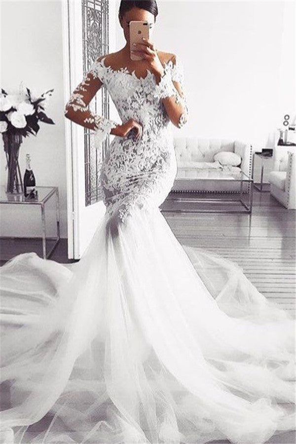 classic-off-the-shoulderwedding-dresses-long-sleevess-mermaid-lace-bridal-gowns-showprettydress Classic Off the ShoulderWedding Dresses Long Sleevess Mermaid Lace Bridal Gowns