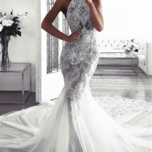 classic sleeveless halter wedding dresses modern mermaid tulle bridal dresses showprettydress
