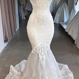classic spaghetti strap v neck white sleeveless mermaid open back wedding dress with chapel train showprettydress