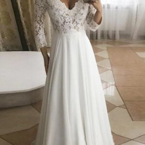 classic v neck lace wedding dress long sleevess garden bridal dress showprettydress