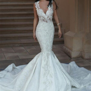 classic v neck sleeveless wedding dresses mermaid lace bridal gowns with buttons showprettydress