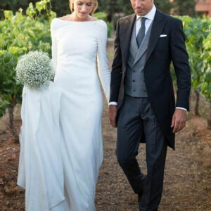 classic white bateau long sleevess simple wedding dress showprettydress