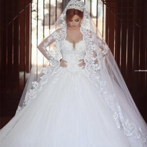 classic white lace ball gown wedding dress popular sweep train long sleeves bridal gown showprettydress