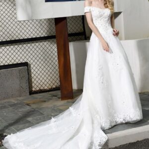 classic white lace off the shoulderlong princess wedding dress with beaded lace appliques showprettydress
