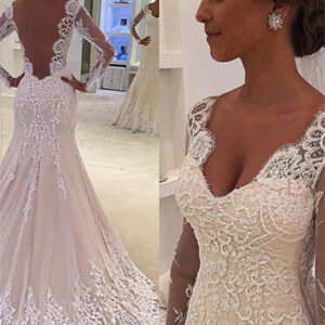 court train mermaid v neck lace long sleevess wedding dresses showprettydress