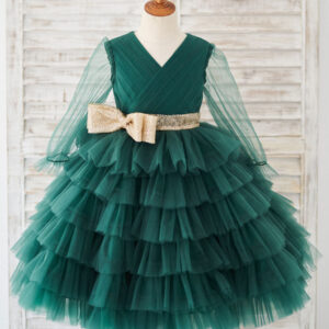 cute green v neck long sleeves sash kids social party dresses showprettydress
