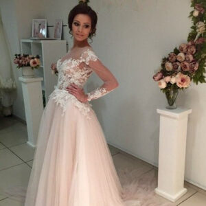 delicate lace appliques tulle long sleeve a line sweep train bridal dress showprettydress