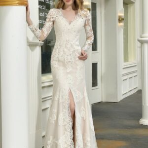 delicate v neck high split long sleevess lace wedding dress with court train showprettydress