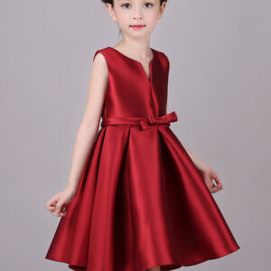 designed neckline satin fabric sleeveless short princess bows kids social party dresses showprettydress