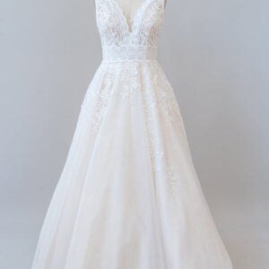 Elegant Long A-line V-neck Appliques Lace Tulle Backless Wedding Dress