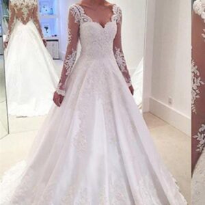 Elegant Long A-line V Neck Satin Lace Wedding Dress with Sleeves