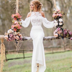 Elegant Long Mermaid Lace Chiffon Wedding Dress with Sleeves