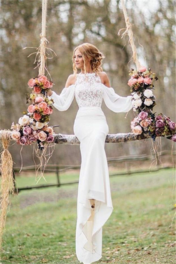 elegant-long-mermaid-lace-chiffon-wedding-dress-with-sleeves-showprettydress Elegant Long Mermaid Lace Chiffon Wedding Dress with Sleeves