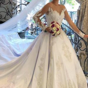 elegant long sleeve lace wedding dress princess bridal wear zipper back showprettydress