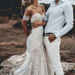 elegnat ivory strapless mermaid lace beach wedding dress online with lace bracelet showprettydress
